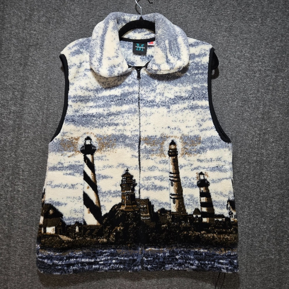 Vintage Mazmania Men's‎ Fleece Vest Medium Lighthouse Ocean Scenic Full Zip USA